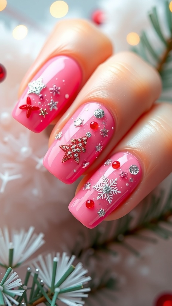 Glossy pink Christmas nails with glitter and festive designs, set against a holiday-themed background.